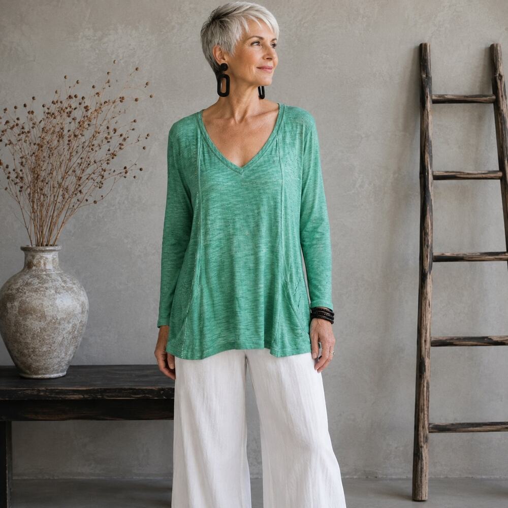 Soft Surroundings Green Tie Dye Knit V Neck Tunic Top Medium